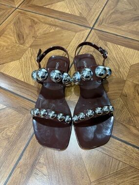 Jeffrey Campbell Brown Studded Ankle-Strap Sandals with Silver Orb Details